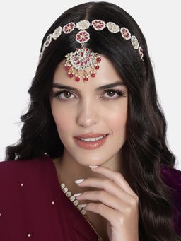 I Jewels - Gold Plated Traditional Floral Kundan Pearl Sheeshphool Matha Patti Sheeshpatti