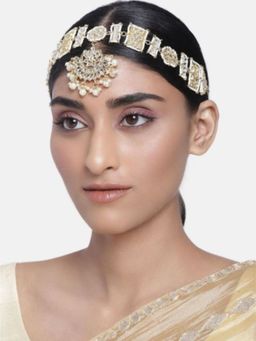 I Jewels - Gold Plated Traditional Floral Kundan Pearl Sheeshphool Sheeshpatti