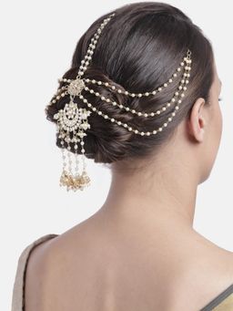I Jewels - Gold Plated Traditional White Kundan Pearl Paranda Hair Braid