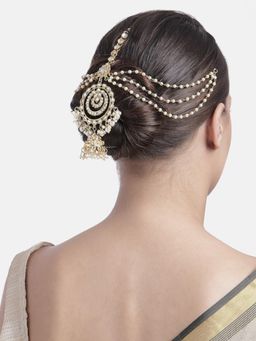 I Jewels - Gold Plated Traditional White Kundan Pearl Paranda Hair Braid