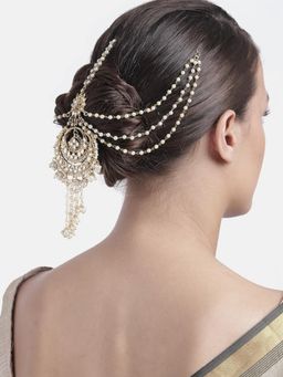 I Jewels - Gold Plated Traditional White Kundan Pearl Paranda Hair Braid