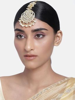 I Jewels - Gold Plated Traditional Kundan Pearl Chandbali Bridal Stylish Maang Tikka