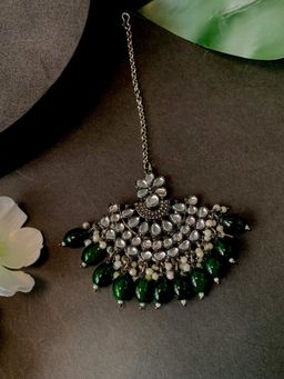 I Jewels - Silver Oxidised Traditional Kundan Pearl Maang Tikka