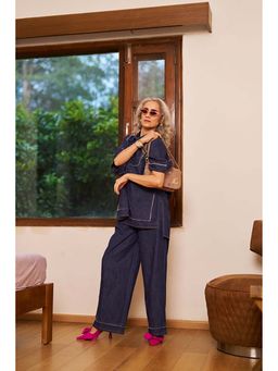 SPACE - Bora Bora Blue Kaftan Style Relaxed Collared Denim Shirt With Flared Pant