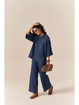 SPACE - Collared Cotton Slub Blue Denim Shirt With Flared Pant