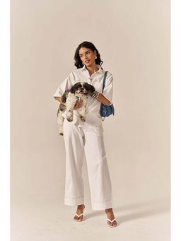 SPACE - White Pocketed Cotton Denim Shirt With Flared Pant