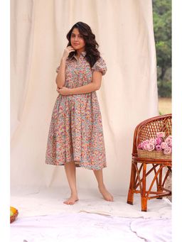 Sutra Art of Clothing - Floral Block Print Cotton Beige Dress