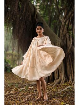 Sutra Art of Clothing - Dew Cotton Flared Cream Knee Length Dress