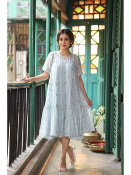 Sutra Art of Clothing - Blossom Embroidered Mul Chanderi Blue Midi Dress