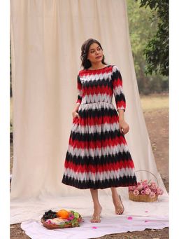 Sutra Art of Clothing - Rhythmic Geometric Print Ikkat Cotton Multicolour Midi Dress