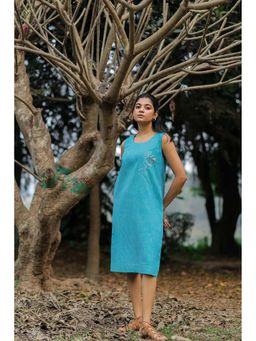 Sutra Art of Clothing - Muse Cotton Embroidered Turquoise Midi Dress