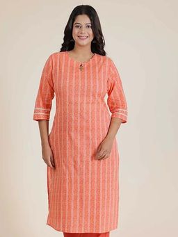 ARAMYA - Orange Soft Cotton Striped Straight Kurta for Women