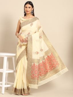 Akhilam - Womens Silk Blend Cream Woven Design Designer Saree with Unstitched Blouse