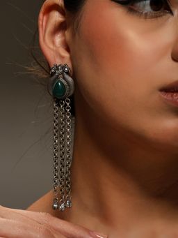 VENI - Silver Plated Oxidised Green Drop Earrings