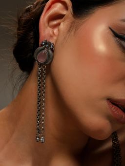 VENI - Silver Plated Oxidised Pink Drop Earrings