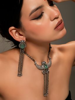 VENI - Silver-Plated Oxidised Choker Blue Jewellery Set