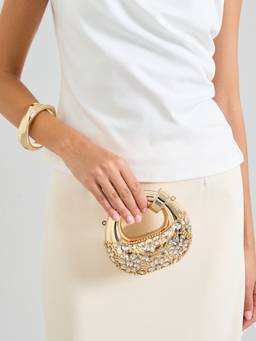 Styli - Women Gold Crystal Embellished Crescent Clutch Bag With Detachable Strap