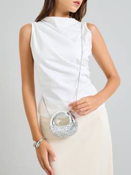 Styli - Women Silver Tone Rhinestone Embellished Mini Clutch Bag With Detachable Strap