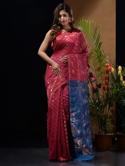 CHARUKRITI - Fuchsia & Sapphire Blue Handwoven Saree with Zari Woven Designs with Unstitched