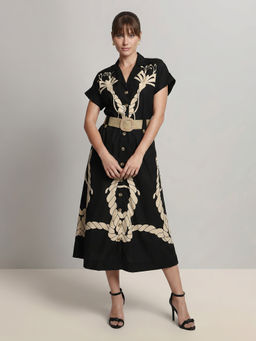VERO MODA - Black Printed A-Line Dress with Belt