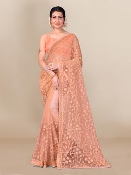 Gahan - Brown Soft Net Chikankari Saree with Unstitched Blouse