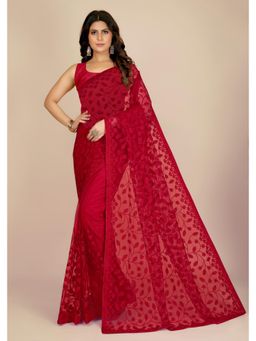 Gahan - Red Soft Net Chikankari Saree with Unstitched Blouse