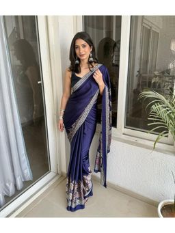 Gahan - Blue Ajarak Print Gazi Silk Saree with Unstitched Blouse