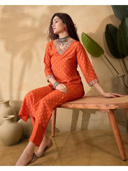 Gahan - Orange Dchinon Zari Sequence Cording Embroidery Foil Printed Kurta with Pant