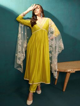 Gahan - Mustard Vichitra Sequence Chain Stitch Embroidery Kurta with Pant & Net Dupatta