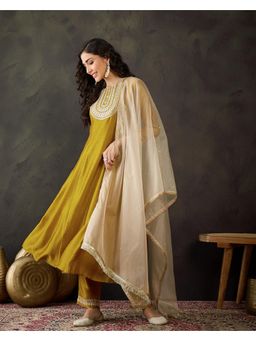 Gahan - Mustard Zari Sequence Embroidered A Line Kurta with Pant & Dupatta