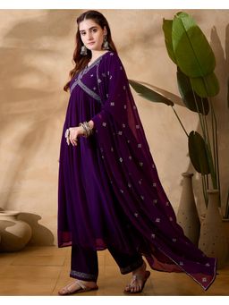 Gahan - Purple Georgette Zari Sequence Embroidered Alia Cut Kurta with Pant & Dupatta