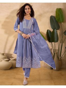 Gahan - Lavender Dchinon Embroidered Front Pleated Kurta with Pant & Dupatta