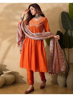 Gahan - Orange Vichitra Thread Mirror Work Embroidered Alia Cut Kurta with Pant & Dupatta