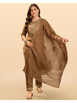 Gahan - Mocha Mousse Dchinon Zari Embroidery Foil Printed Kurta with Pant & Jacquard Dupatta