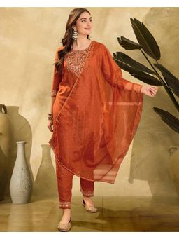 Gahan - Orange Dchinon Zari Sequence Embroidery Foil Printed Kurta with Pant & Dupatta