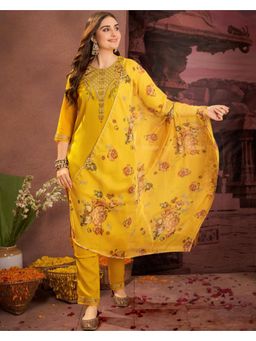 Gahan - Yellow Star Georgette Thread Zari Sequence Embroidered Kurta with Pant & Dupatta