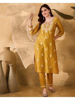 Gahan - Yellow Thread Cording Embroidery Schiffli Lace Kurta with Pant & Dupatta