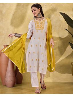 Gahan - Yellow Camric Thread Embroidered Kurta with Pant & Dupatta