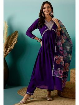 Gahan - Purple Zari Sequence Cording Embroidered Alia Cut Kurta with Pant & Organza Dupatta