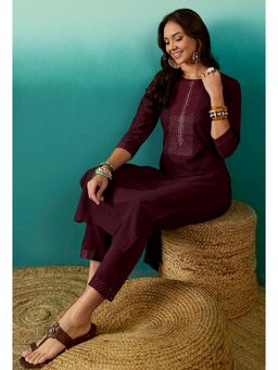 Gahan - Womens Wine American Crape Embroidered Kurta with Pant