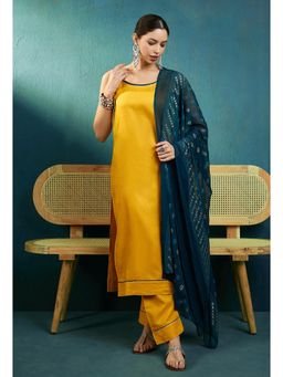Gahan - Womens Mustard Gotta Patti Kurta with Pant & Foil Printed Dupatta
