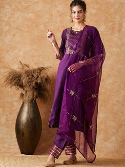 Gahan - Purple Ruby Silk Zari Sequence Kurta with Pant & Organza Dupatta