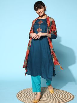 Gahan - Womens Blue Hand Embroidered Weaving Kurta with Pant & Bandhani Dupatta