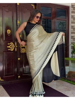 Gahan - White Stripes Print Satin Saree with Unstitched Blouse