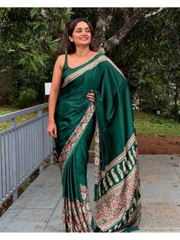 Gahan - Green Ajarak Leheriya Print Satin Saree with Unstitched Blouse