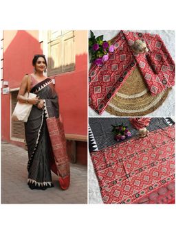 Gahan - Black Ajarak Print Sartin Saree with Unstitched Blouse