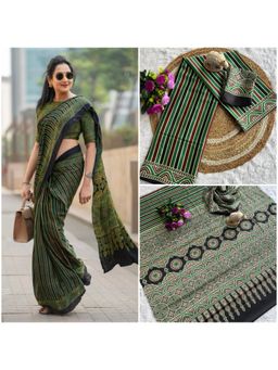 Gahan - Green Ajarak Print Sartin Saree with Unstitched Blouse