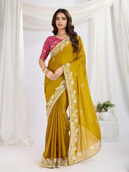 Gahan - Yellow Silk Saree with Embroidery Work Print Unstitched Blouse