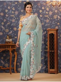 Gahan - Blue Embroidery Work Saree with Contrance Unstitched Blouse