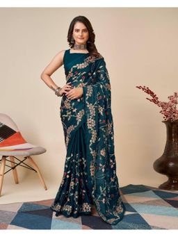 Gahan - Teal Embroidery Work Silk Saree with Unstitched Blouse